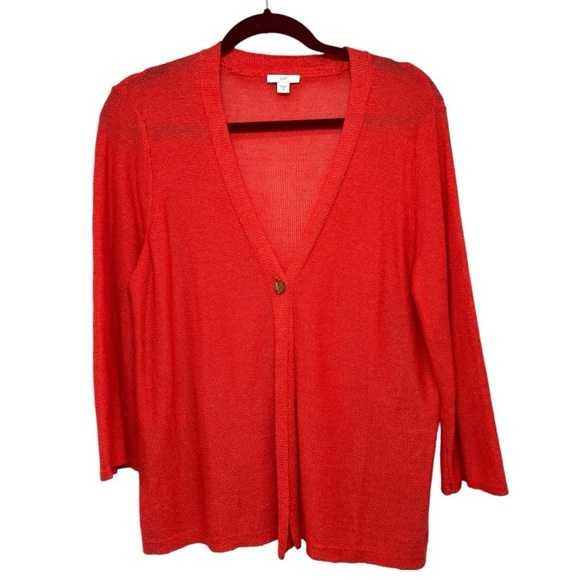 J. Jill Navy Red Linen Blend Lightweight Single Button Cardigan Womens Medium - Picture 2 of 7